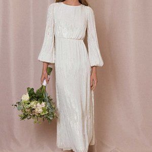 RIXO Coco Ivory Sequin Midi Dress - Size M/UK12